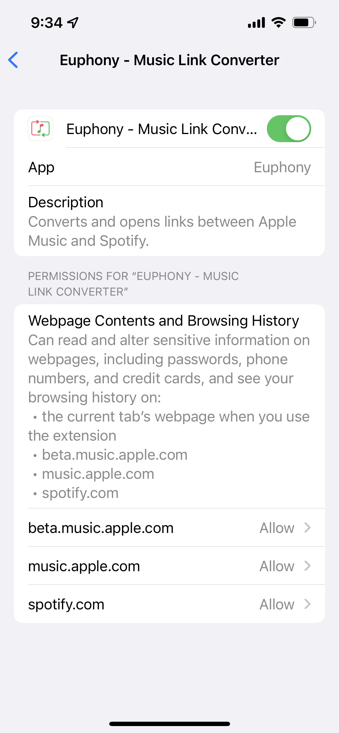 Euphony extension settings within the Safari settings.