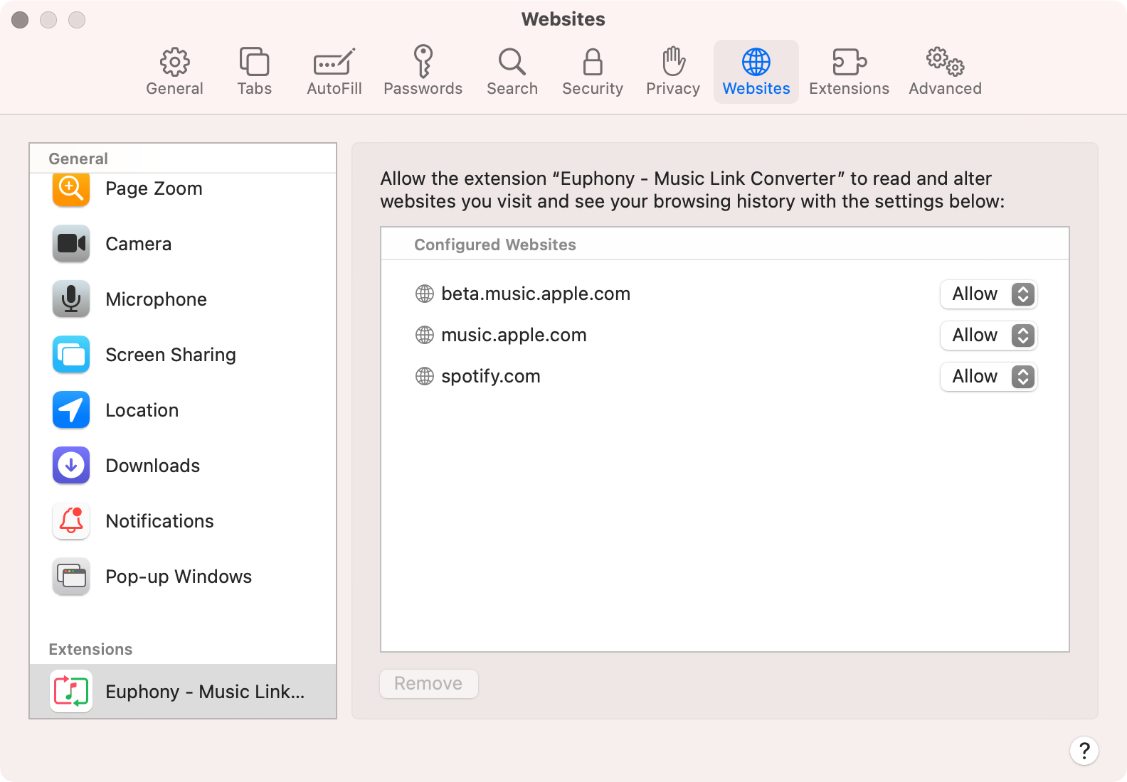 Safari preferences opened to the Websites pane.
