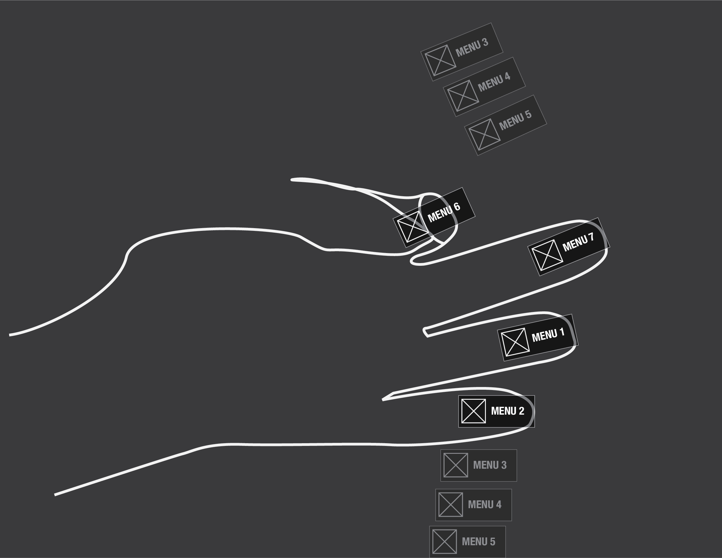 Wireframes of augmented reality controls projected onto the face of a glove showing a menu selection