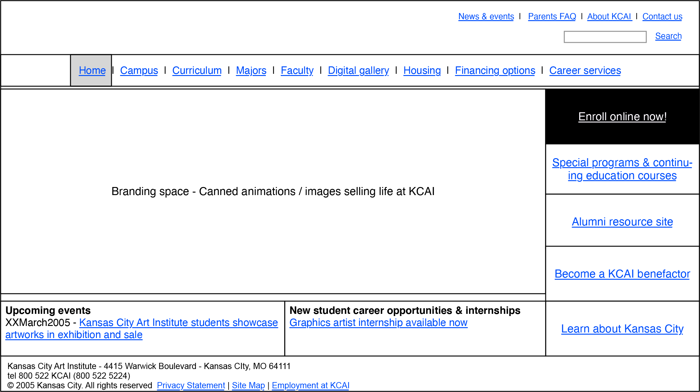 KCAI home page wireframe