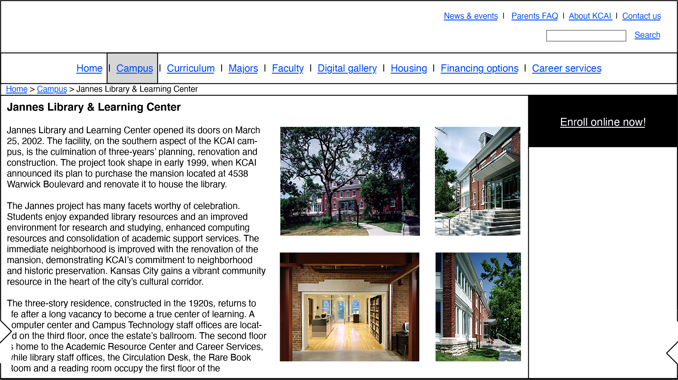 KCAI campus detail page wireframe