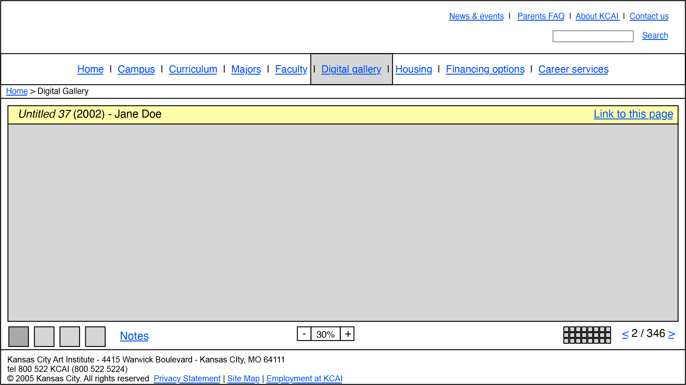 KCAI digital gallery detail page wireframe