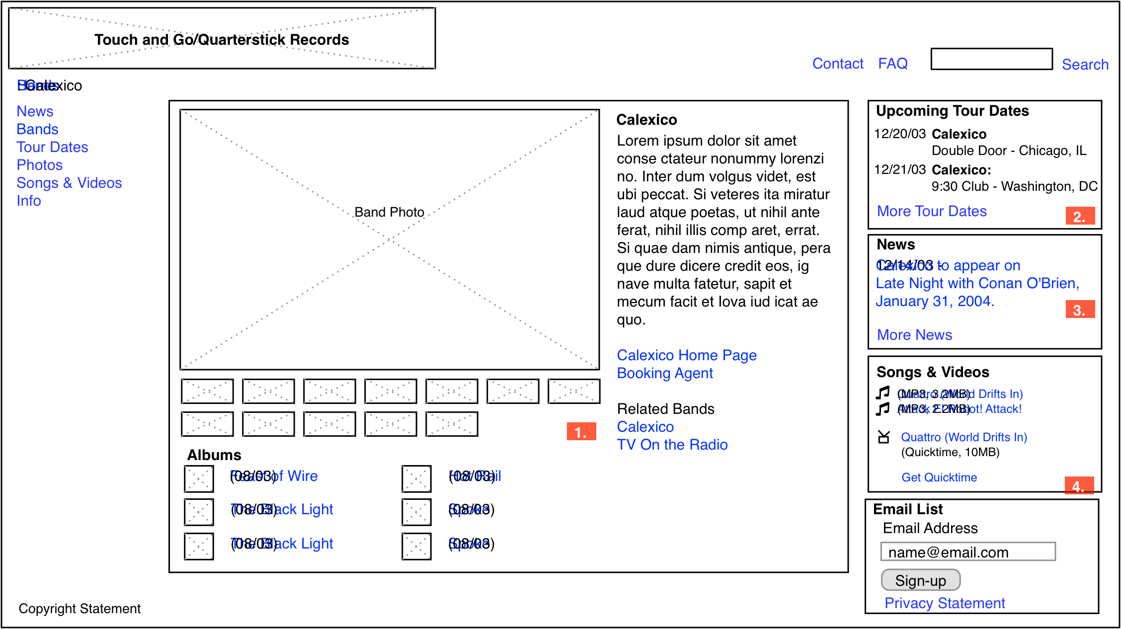 Touch and Go Records artist page wireframe