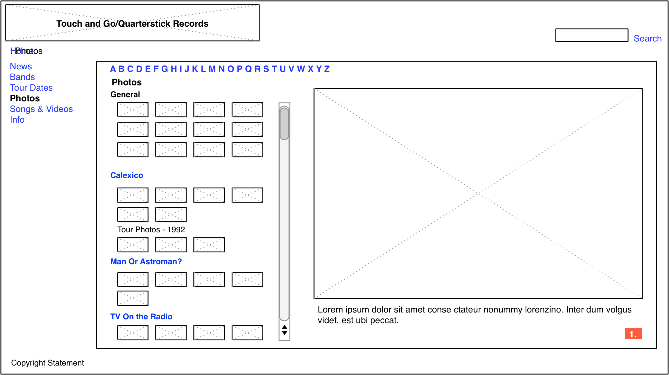 Touch and Go Records photos page wireframe
