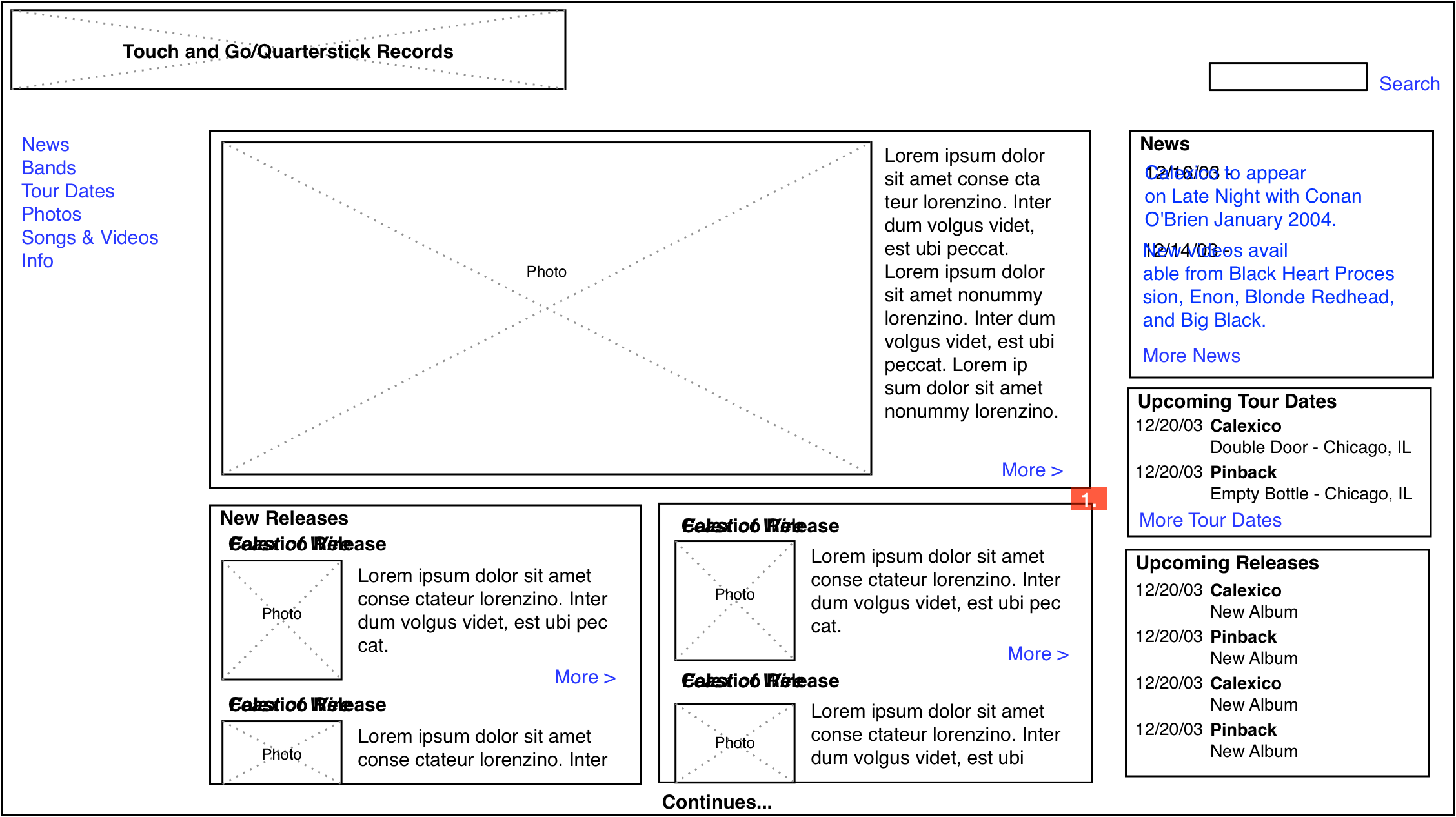 Touch and Go Records home page wireframe