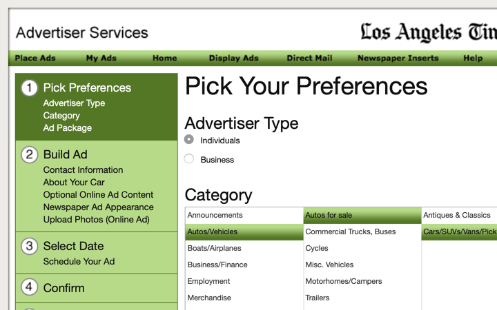 Cropped screenshot of an online classified entry prototype for the Los Angeles times.
