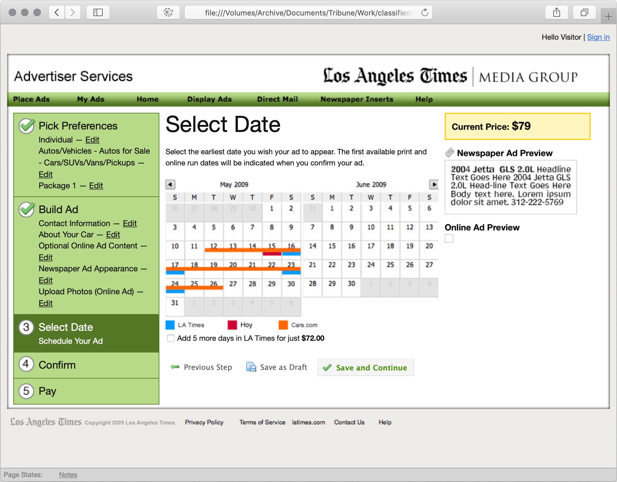 Tribune Technology Online Classified Entry prototype select date screenshot.