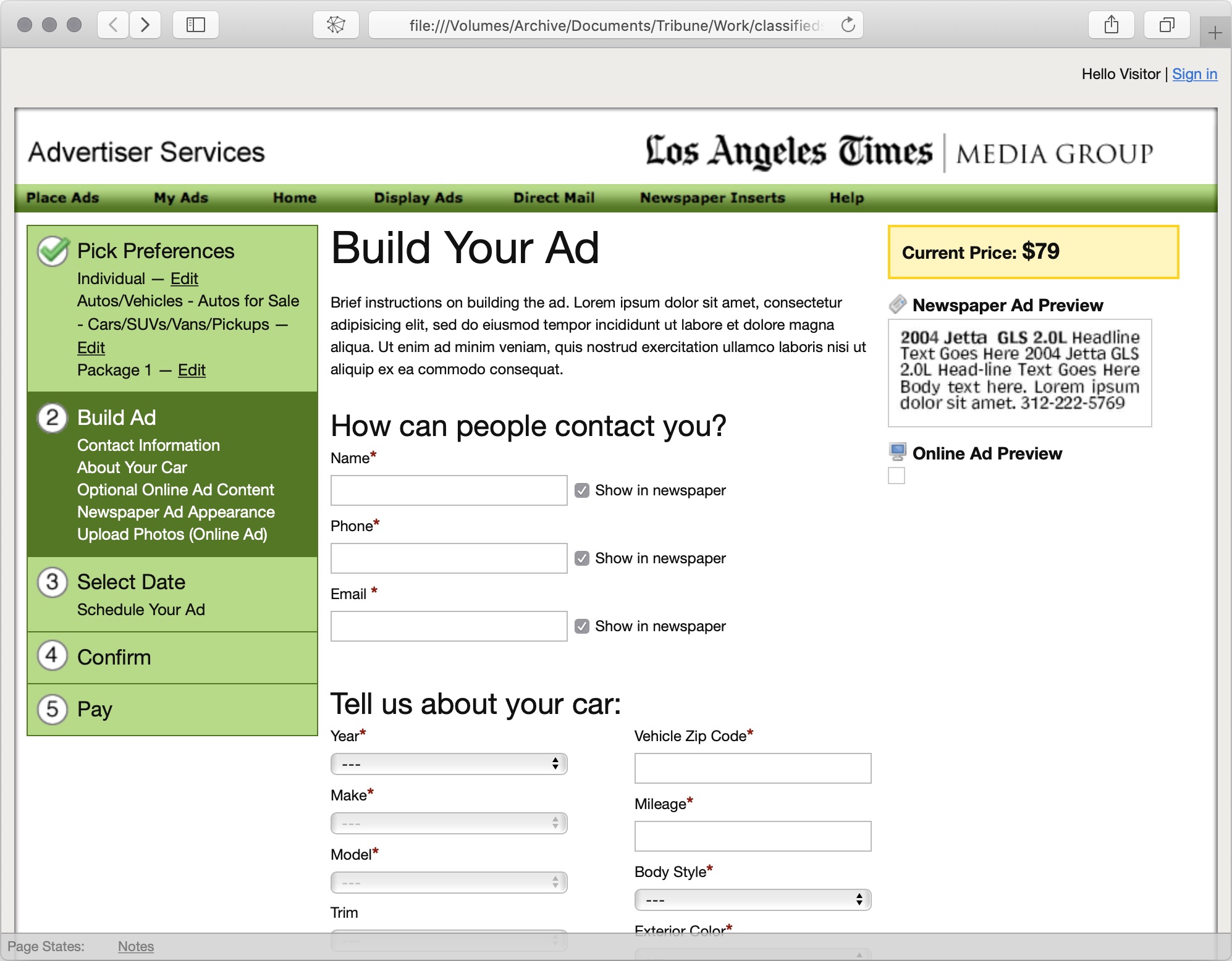 Tribune Technology Online Classified Entry prototype build ad screenshot.